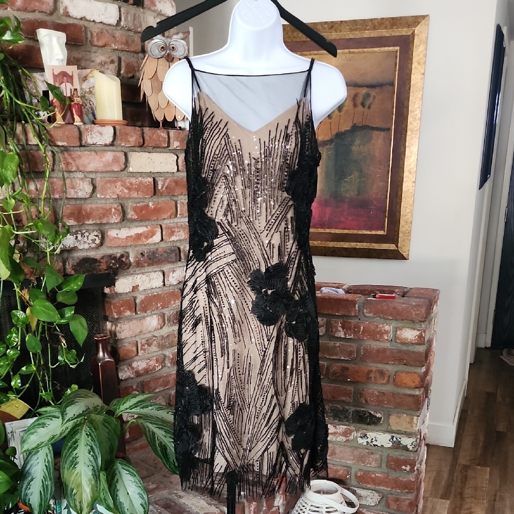 Naeem Khan Rare Vintage Collection Beaded Sequin Dress Black Gold Art Deco Glam